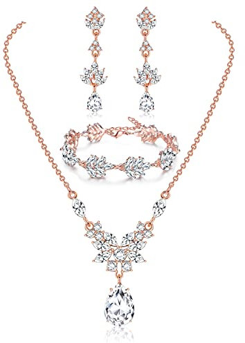 Milacolato Brautschmuck Set Für Damen Funkelnde Cz Kristall Tropfen Halskette Ohrringe Und Griechischer Lorbeerzweig Armband Schmuck Set Für Hochzeit Braut Brautjungfer Abschlussball Roségold