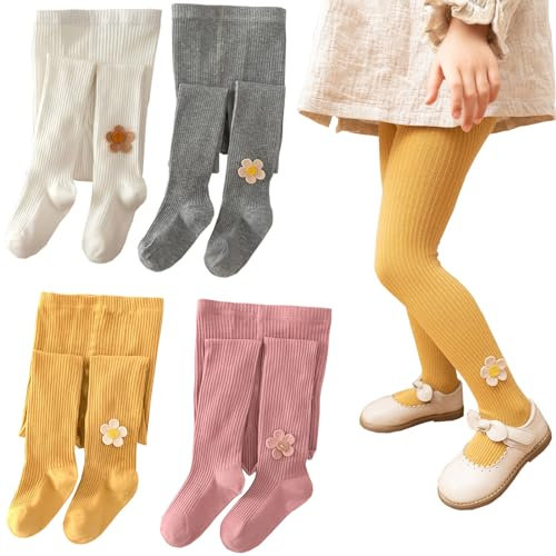 Silkglory Collants Filles,2Pièces Collants Bébé Avec Jolie Décoration de Tournesol,Leggings Bas Sans Couture Collants Nouveau-né Gris/Blanc,8-9 Ans