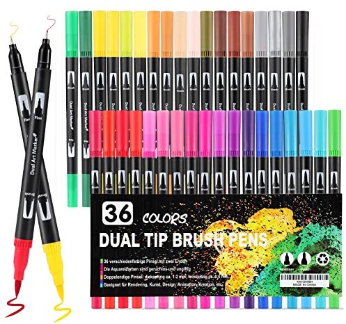 Mzh Art Dual Tip Colouring Pens, Pack of 36 Double Fineliners Felt Tip Pens for Adults and Children, Professional Art Markers for Drawing, Lettering, 0.4 & 1-2mm