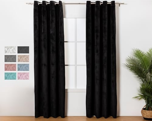 TRAMAS+ Pack 2 Cortinas Terciopelo Opacas Aislante Térmico, Protección Solar y Anti Luz, para Ventana Salón Habitación y Dormitorio - (Negro)