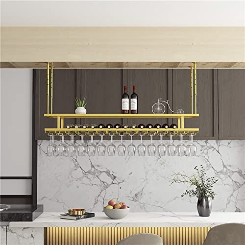 Portabottiglie in ferro sospeso a soffitto, altezza regolabile, porta calici per calici, portabottiglie per vino, per ristoranti e cucine (dimensioni : 80cm)