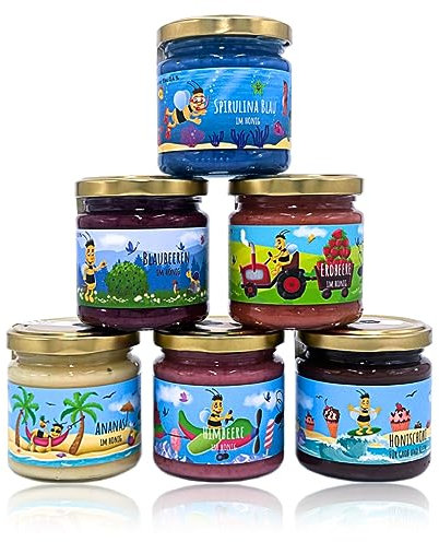 Gregas Imkerei 6er Familyhonig Set – Honigsüßer Brotaufstrich direkt aus Familienimkerei mit gefriergetrockneten Früchten & Kakaopulver verfeinert – ideal als Probier- & Geschenkset | 6x 250g