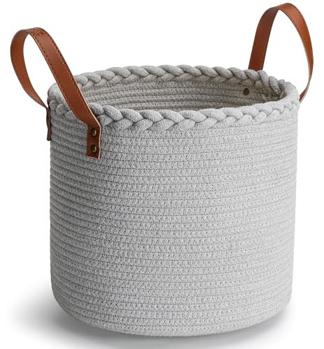 PANIER DE RANGEMENT COTON BLANC MOTIF TRESSE ET ANSES MARRON RIVETEES POUR DRESSING RANGEMENT DECORATION (26x30 cm) (Gris)