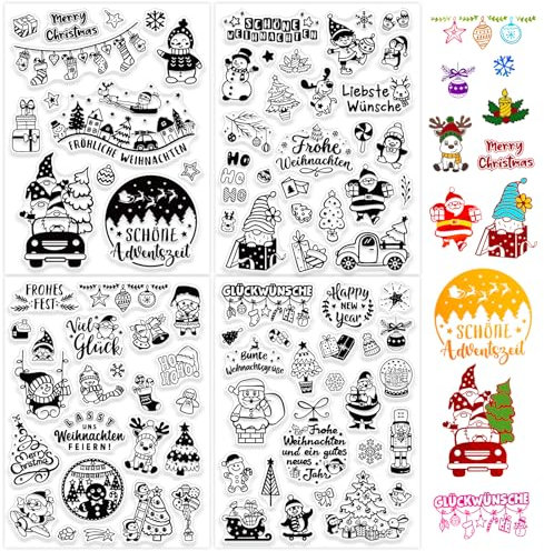 BETESSIN 4Blatt Klare Stempel Weihnachten Silikon Stempel Kinder Stempelmotive Christmas Clear Stamps Deutsch Weihnachtsstempel für Kartenherstellung DIY Geschenk Scrapbooking Stil A