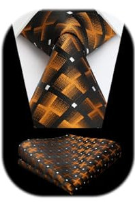 HISDERN Cravatta Arancione a Plaid Classico Cravatta e Pochette Uomo Elegante Matrimonio Festa Lavoro Laurea Affari