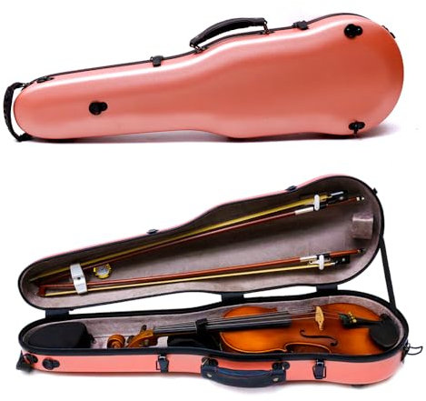 WUQIMUSC Violinenkoffer 4/4 Hartschale Kohlefaser Leicht Dreieck Koffer mit Rückengurten Externe Zubehör-Aufbewahrungstasche (rosa)