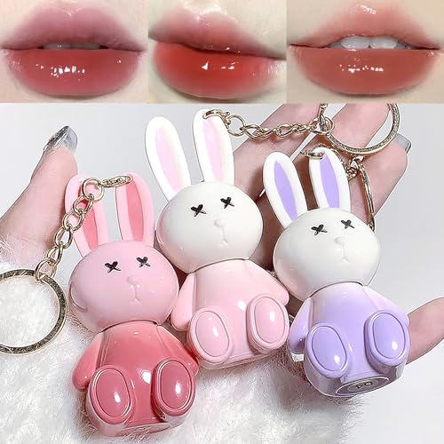 3 Colors Cute Rabbit Lip Glaze Jelly Lipstick, Liquid Lipstick Key Chain 2 in 1, Moisturizing Lip Stain Plumping Water Lip Gloss Waterproof Long Lasting Cheek Rouge Tint Cosmetics Beauty Makeup