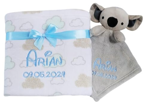 BotoBaby® GESCHENKSET Babydecke mit Namen und Datum Bestickt + Schmusetuch mit Namen ★ Geschenk ★Geburt ★ Taufe ★ (Grau - Koala)