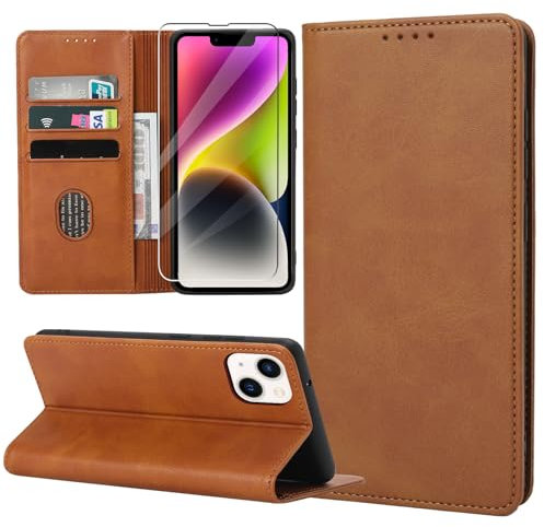ZYIMOU Handyhülle für iPhone 14 Hülle mit Schutzfolie, Leder Schutzhülle Standfunktion Kartenfach Wallet Klapphülle iPhone 14 Flip Case Cover, Braun