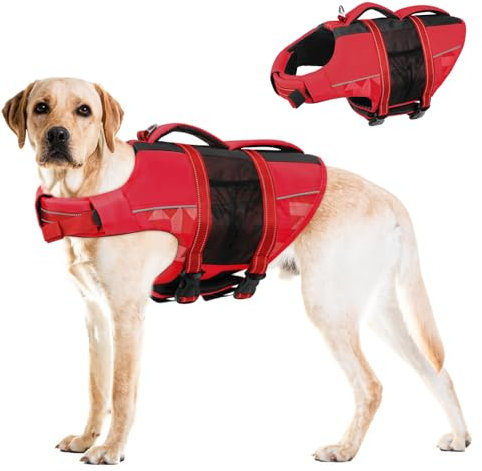CITÉTOILE Giubbotti di Salvataggio per Cani, Regolabile Salvagente per Animali con Manico, Costume da Bagno di Sicurezza in Acqua per la Vela in Piscina Sulla Spiaggia, Rosso, XXL