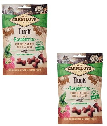 Carnilove Crunchy Snack Duck with Rasberries | Doppelpack | 2 x 50 g | Leckerli für Katzen | Ente und Himbeere | Ohne Zuckerzusatz | exotischer Fleischgeschmack