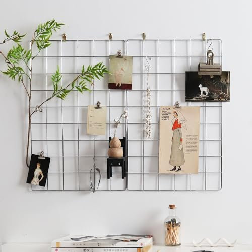 MOIUCUN Wandgitter, Fotowand Dekoration, Schreibtisch Deko,Memotafeln für Küche, Wohnzimmer, Schlafzimmer,Größe 44 cm x 30 cm, 2er Set (Helles Silber)