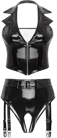 Freebily Damen Wetlook Dessous Set Lack Leder Weste Crop Top Ouvert G-String Strapse Slip Set Erotik Lingerie Nachtclub Gogo Outfit Clubwear