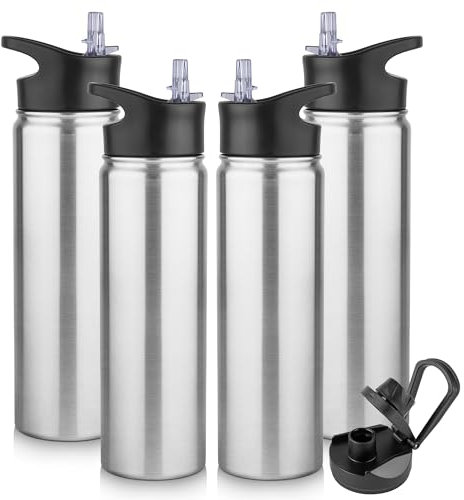 MURBONE Edelstahl Trinkflasche 750ml (+2 Deckel)-mit Strohhalm,BPA frei,Thermosflasche Auslaufsicher,Kohlensäure Geeignet,Thermoskanne Vakuum Doppelwandisolierung für Sport, Reisen, Camping(4er Set)