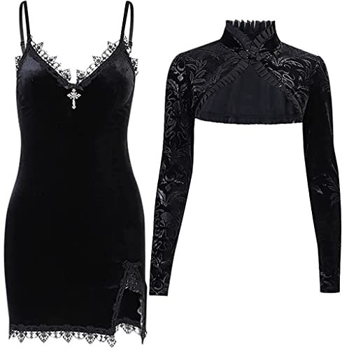 Women 2 Piece Dress Set Gothic Vintage Punk Lolita Velvet Dress and Grunge Long Sleeve Cropped Cardigan Black M