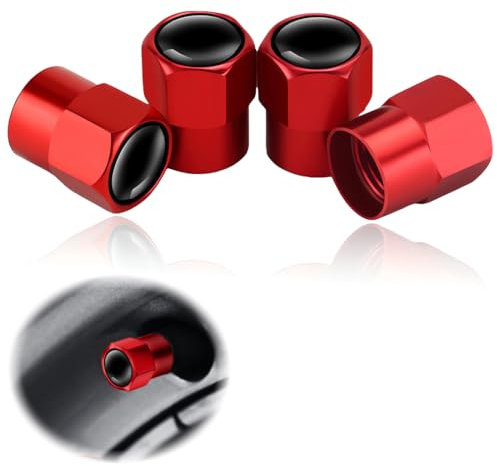 4 Cappucci per valvole universali per pneumatici, Cappucci per valvole per pneumatici in alluminio con anello in gomma, Cappucci per valvole per pneumatici per auto, bici, camion, moto, Rosso