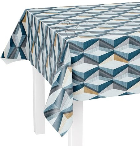 LILENO HOME Mantel lavable por metros, 100 x 140 cm (borde cortado) en diseño geométrico azul, mantel impermeable ideal como mantel o camino de mesa para muebles de carpa de cerveza