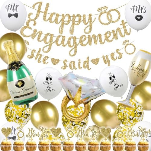 Gold Engagement Party Decorations Banner - 35Pcs Glitter Happy Engagement She Said Yes Banners Cupcake Toppers Diamond Ring Wine Glass Bottle Foil Balloons for Proposal Party Supplies