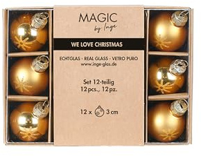 Weihnachtskugeln Glas 3cm 12 Stück - Glitzer Schneeflocken Motiv - Mini Christbaumkugeln Weihnachtsbaumkugeln für Weihnachten - Christbaumschmuck & Weihnachtsbaumschmuck Gold - Inkagold