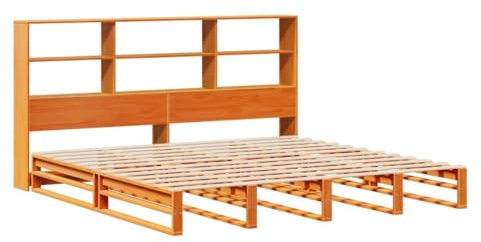 vidaXL Massivholzbett, Bett mit Bücherregal ohne Matratze, Holzbett Bettgestell mit Lattenrost, Palettenbett Doppelbett für Schlafzimmer, Wachsbraun 180x200cm