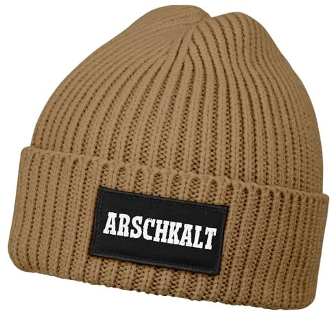 MoonWorks®Damen Beanie mit Patch Strickmütze mit Spruch Arschkalt Aufdruck Lustig Damenmütze Hellbraun Unisize