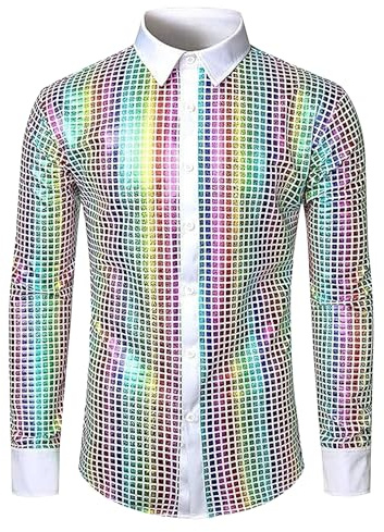 ABEHIK Herren Disco Hemd mit Pailletten 70er Langarm Party Kostüm für Männer Rave ShirtMottoparty Karneval