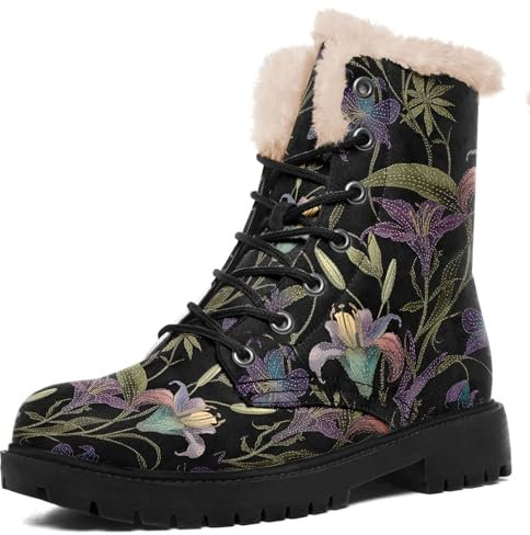 AWSOLE Fashion Ankle Boots Floral Combat Boots Fur Lined Lace up Boots Comfortable Work Boots Women Winter Boots