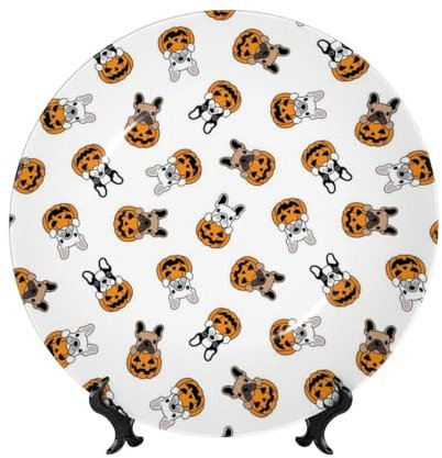 Feehsp Bouledogue français citrouille Halloween, assiette décorative en porcelaine tendre avec présentoir,6 pouces