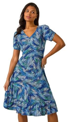 Roman Originals Tea Dress for Women UK Ladies Skater Swing Fit & Flare Flattering Summer Knee Length Frill Hem Ruched Chest Casual Smart Cocktail Party Going Out - Abstract Navy - Size 16