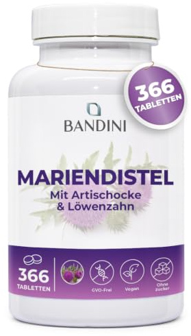 Bandini® Mariendistel 366 Tabletten | Artischocke und Löwenzahn-Komplex | | Milk Thistle 80% hoher Silymarin-Gehalt | Natürliche Leberunterstützung, Fettverdauung | 100% Vegan, HPLC-Methode