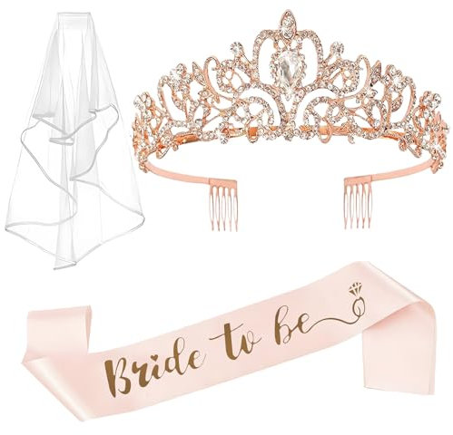 Bride To Be Schärpe Und Schleier,Jga Accessoires Frauen Junggesellenabschied Tiara,Bride To Be Deko,Jga Rosegold Bride Schärpe Krone Jga Für Bachelorette Party Accessories Polterabend Hochzeit,3 Stück