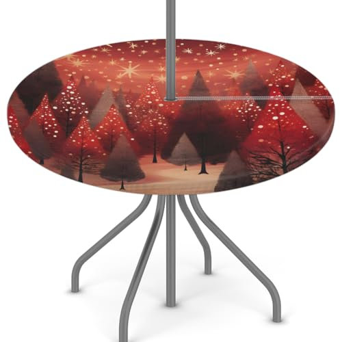 Woltant Round Tablecloth with Parasol Hole and Zipper Wipe Clean Table Cover with Elastic Edges Outdoor Table Protector for Garden Patio BBQ (Xmas Trees Galaxy)