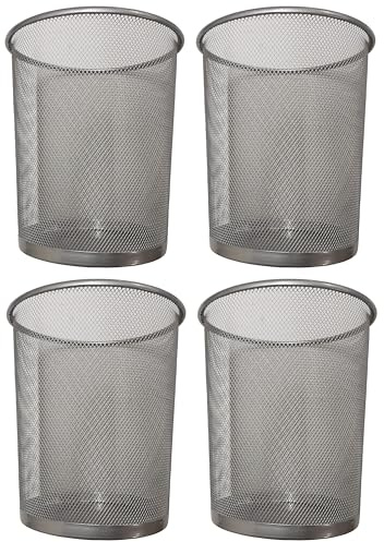 DIVCHI Round Trash Can Bin - 4 Pack Silver Non-Slip Mesh Bins Waste Paper Bin Sturdy Metal Bin Indoor Waste Bin for Home Bedroom Office Bathroom Living Room & Kitchen (Silver)