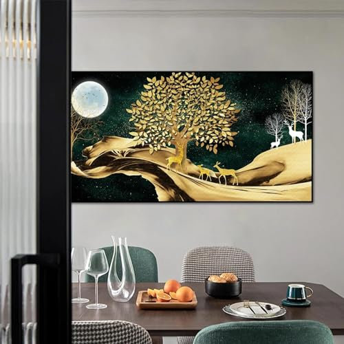 GKUVBF Luxuriöses Wandkunst-Leinwandgemälde, abstrakt, goldener Geldbaum, Elch, Vollmond, Poster und Drucke, dekorative Bilder für Zuhause, 50 x 100 cm, ohne Rahmen