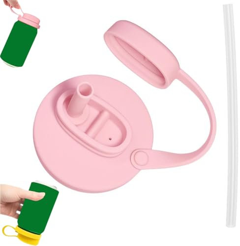 Silicone Soda Can Lids with Straw,Can Lids with Handle,Reusable Soda Can Covers for Standard Size Beverage, Juice, Coke, Soda, Beer & Seltzer, Leak-proof Canning Lids Fits Standard Cans (Pink)