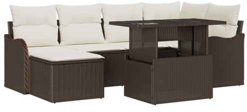 vidaXL Garten-Sofa-Set mit Kissen mit Speicher 7 pcs Braun Poly Rattan, Garten und Terrasse, Moderne Rattanmöbel, Lounge-Set, verstellbares Sofa, Bequeme Couch, funktionale Sitzmöbel