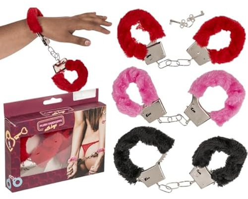 Manette erotiche con peluche, confezione da 1, rosso, rosa, nero. 2 chiavi. 53 g.
