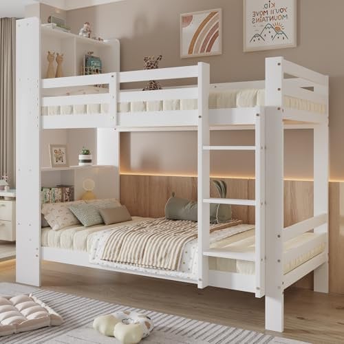 Oslghy Etagenbett Kinderbett 90x200 cm, Hochbett Bett mit Stauraum Regalen und Rechtwinkliger Leiter, Modern Doppelbett Bettgestell für 2 Kinder mit Rausfallschutz und Lattenrost, Weiß, Ohne Matratze