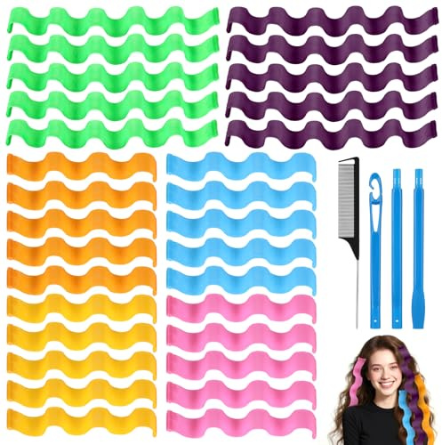 30 Stück Lockenwickler Ohne Hitze, 50cm, 30cm, für Alle Haarlängen | Locken Ohne Hitze, mit 2 Stück Styling Haken, Spitzen Stielkamm, 6 Farbe, für Natürlich Lockiges, Welliges Haar