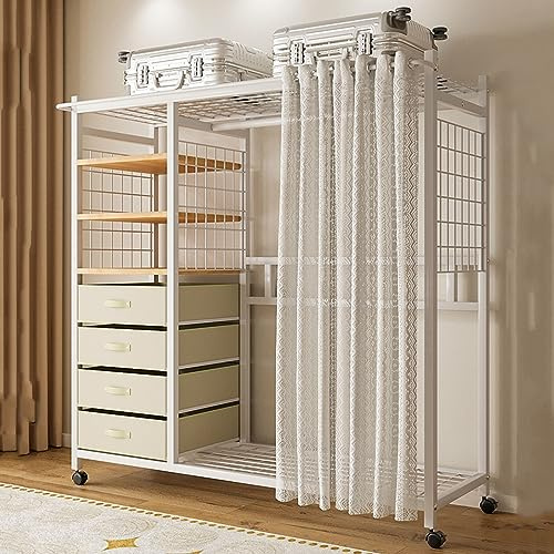 Tragbarer Kleiderschrank mit Rollen, mobiler Metallschrank mit Kleiderstange und Schubladen, staubdichte Vorhänge für Schlafzimmeraufbewahrung, Kleider-Organizer