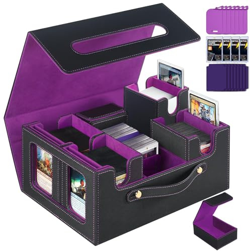 CyperEver Trading Card Storage Box for MTG TCG, Card Storage Box with Commander Display, Multi-purpose MTG Deck Box for Graded Card Storage with 4 Toploaders, 8 Stoppers, 8 Dividers (Black & Purple)