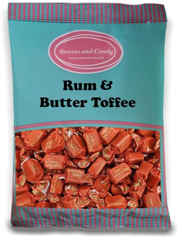 Sweets and Candy® Rum and Butter Toffee 1Kg - Individually Wrapped Creamy Rum and Butter Toffees - 1 Kilo Bulk Bag - Traditional Recipes - Classic Chewy Toffees with Creamy Flavour