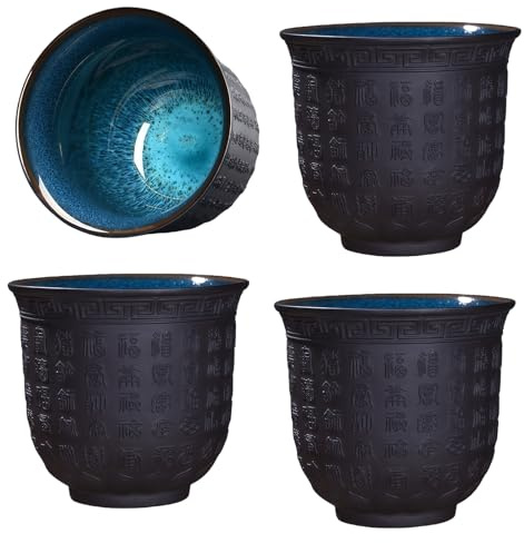 GOEDCH Lot de 4 petites tasses à thé asiatiques en céramique : tasses chinoises sans anse avec texte, compatibles lave-vaisselle, tasses Sutra Cœur en sable violet pour thé, saké, expresso, café (165