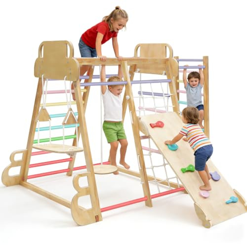 SPYLAVE Maxi Klettergerüst Indoor für Kinder, Montessori Indoor Spielplatz | 10 in 1 Kletterausrüstung mit Rutsche, Schaukel, Kletternetz, Kletterwand, Kippschutz, Robust & Sicher