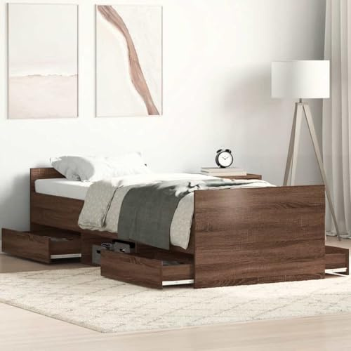 Hoopleep Bettgestell mit Kopf- und Fußteil Braun Eichen-Optik 90x200 cm, Holzwerkstoff, massives Kiefernholz, Sperrholzlatten, mit 4 Schubladen und Ablagen für Schlafzimmer, Gästebett