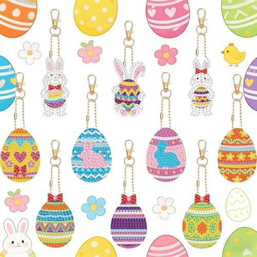 YMXZNB Diamond Painting Ostern Set 10 Stück, 5D DIY Osterei Schlüsselanhänger Bastelgeschenk für Kreativgeschenk Ostern Geschenk