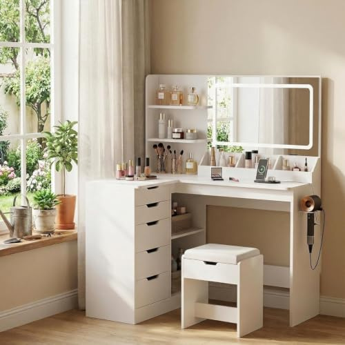 JUMMICO Schminktisch mit Spiegel und Licht, Eck Schminktisch L Hocker mit Beleuchtung LED 3 Farben, Make Up Table 120 breit mit 5 Schubladen und Steckdosen, Weiß