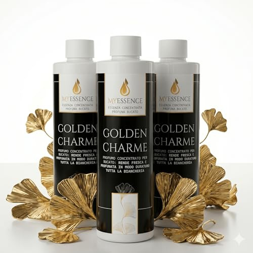 Set 3 Profumatori Bucato Lavatrice 250ml MyEssence - Essenza Profumo Concentrato Oltre 50% - Fragranza Persistente Lunga Durata per Panni e Tessuti - Profumo Lavatrice Intenso (3 Pezzi, Golden Charme)