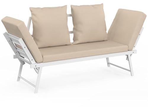 IDMarket - Gartensofa, umwandelbare Bank NOLA 2/3-Sitzer mit neigbaren Armlehnen weißes Metall und beige Kissen