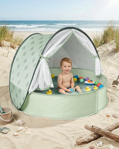 Tente de Plage pour bébé avec Protection UV UPF 50+, Tente de Plage Pop-up pour Enfants et bébés, Montage Automatique, Protection Contre Le Vent, avec Sac de Transport et piquets (Vert 3-en-1)